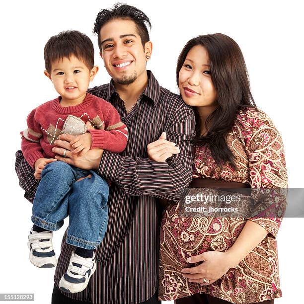 mixed race family of three on white - family white background stock pictures, royalty-free photos & images