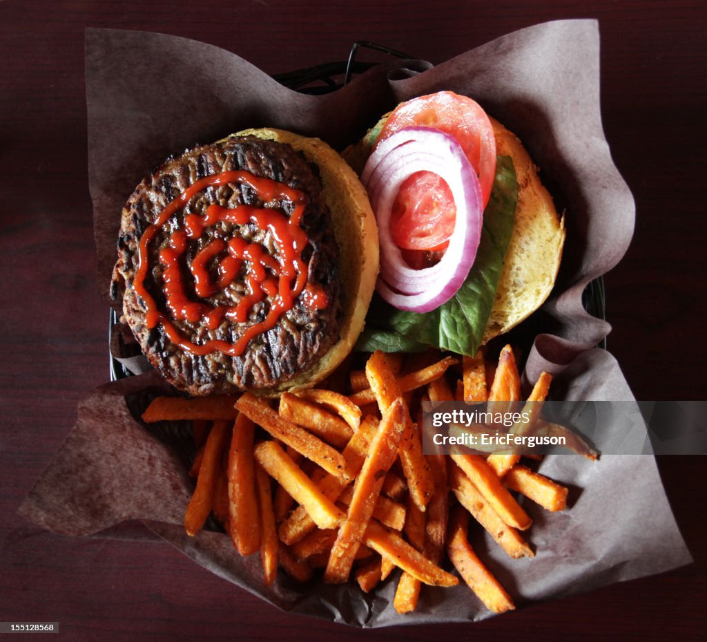 Burger and Sweet Potato Fries