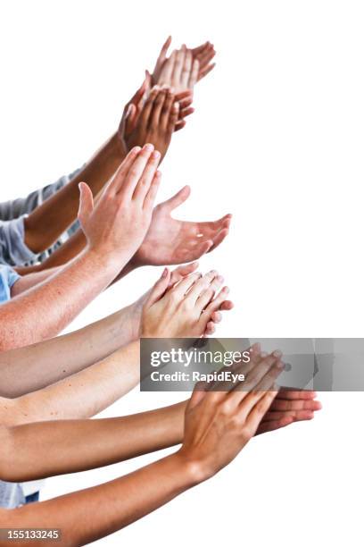 un sacco di valutazione: molte mani applaudire su bianco - applaudire foto e immagini stock