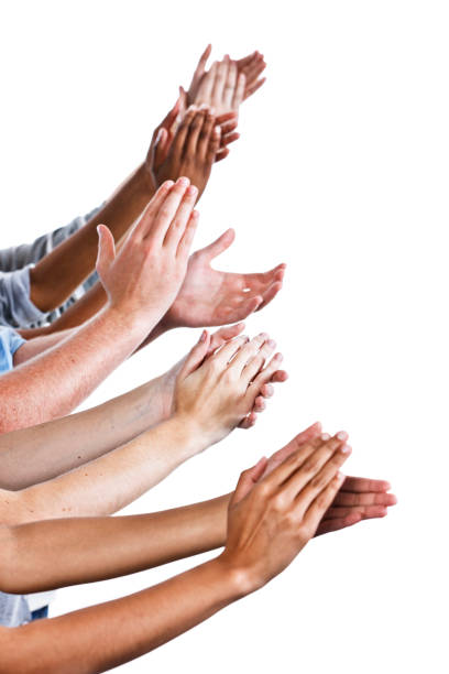 lots of appreciation: many hands applaud on white - clapping hands stock pictures, royalty-free photos & images