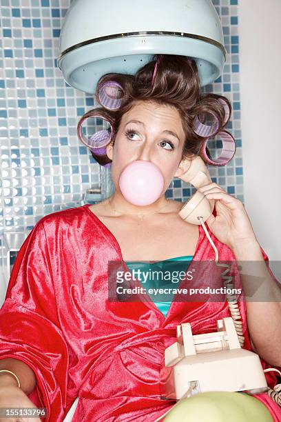 60s vintage retro female blowing bubble - vintage beauty salon stock pictures, royalty-free photos & images