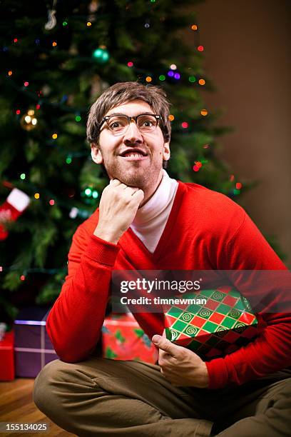 nerdy christmas portrait - nerd sweater stock pictures, royalty-free photos & images