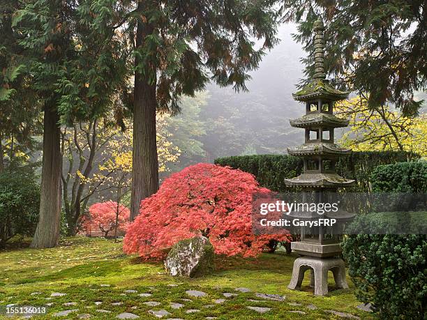 japanese garden fall colors sapporo pagoda lantern portland oregon - oriental garden stockfoto's en -beelden