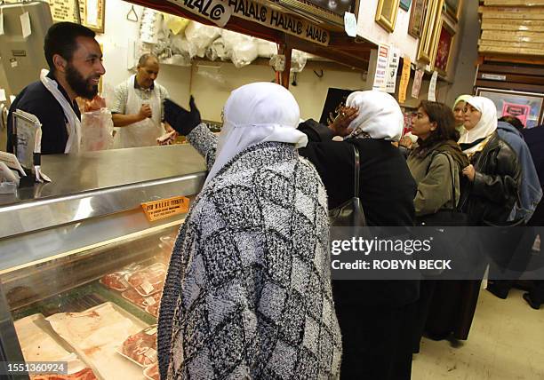 Butcher Khaled Megahed deals with a long line of customers waiting to buy meat for the Ramadan festival, 05 November 2002 at a halal food shop in...