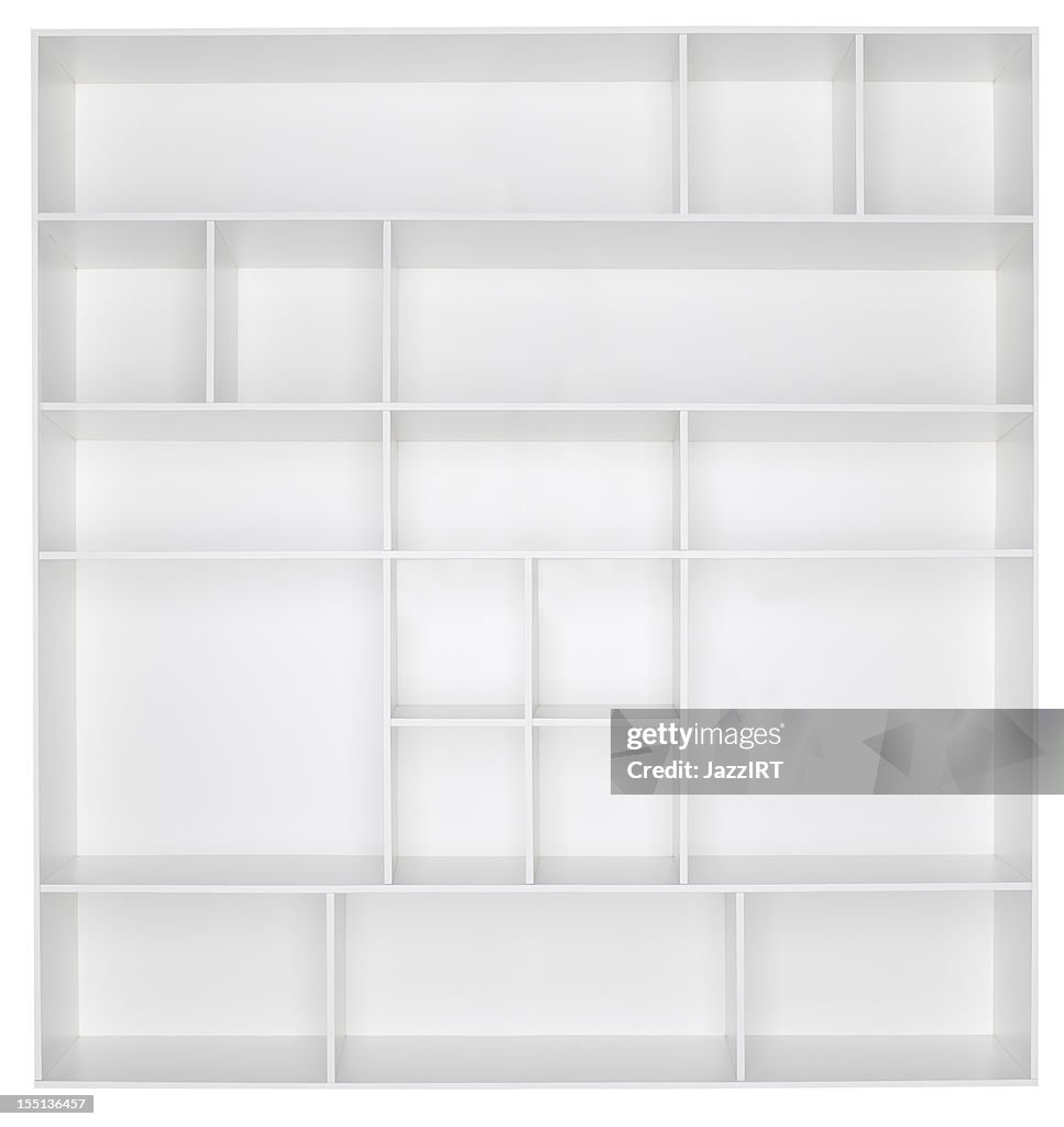 Empty white wooden bookshelf