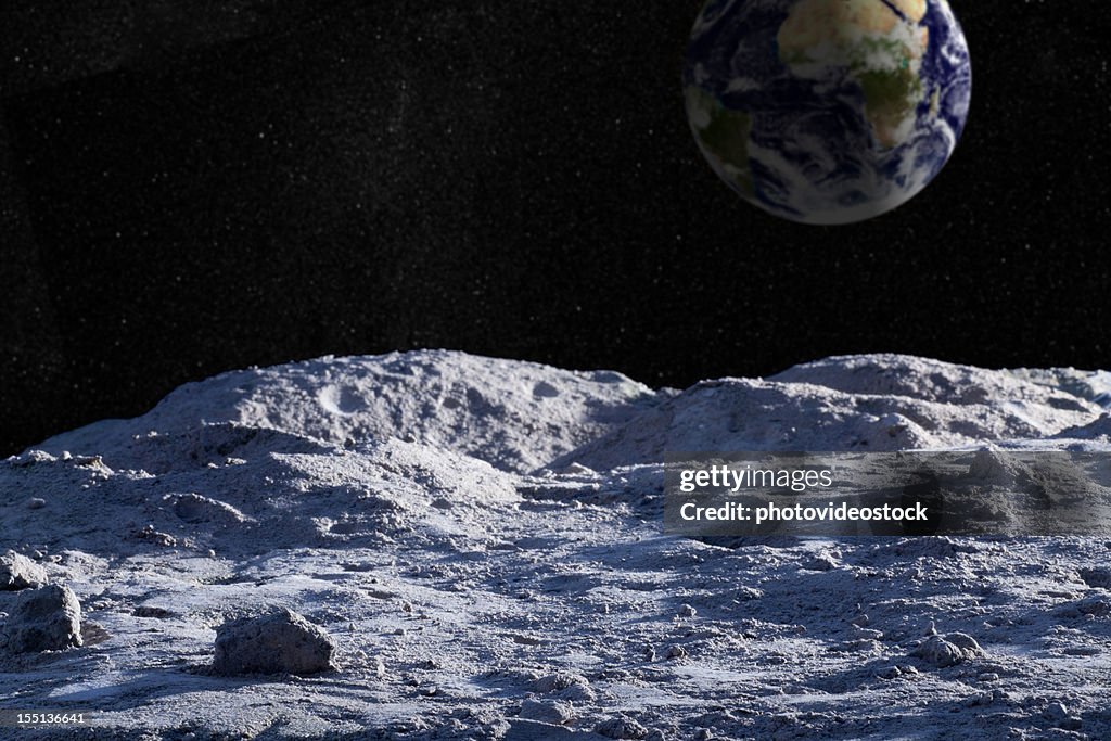 Moon surface with distant Earth and starfield