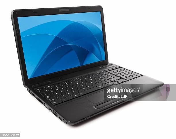 schwarzes laptop, isoliert auf weiss mit blau bildschirmschoner - laptop white background stock-fotos und bilder
