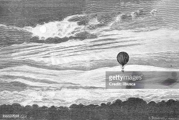 hot-air baloon flight - black and white sketch clouds stock illustrations