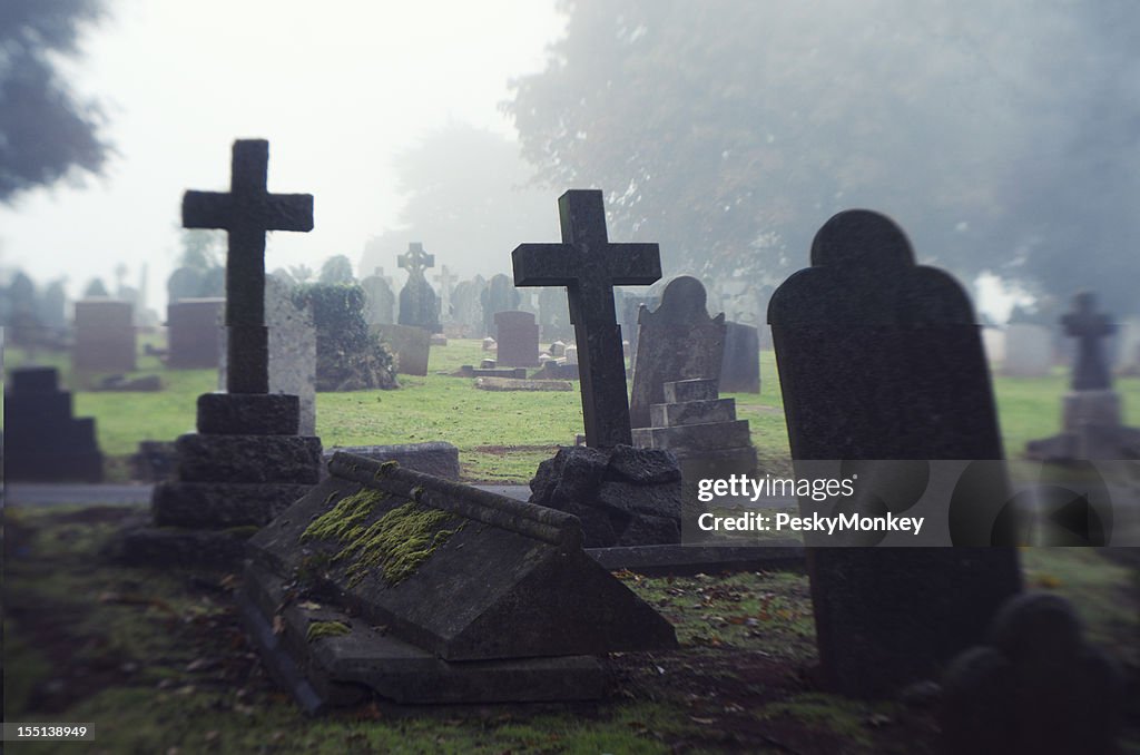 Spooky Halloween Misty Cemetery Scene Gravestones