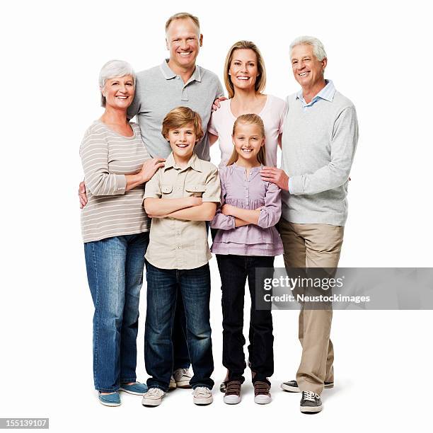 three generational family portrait - isolated - family white background stock pictures, royalty-free photos & images