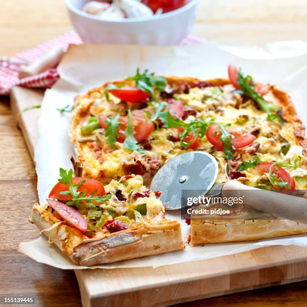 fresh homemade vegetarian pizza - square pizza stock pictures, royalty-free photos & images