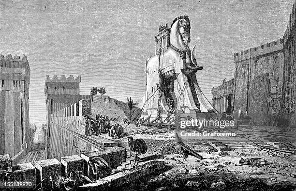 engraving of trojan horse from 1875 - trojan horse 幅插畫檔、美工圖案、卡通及圖標