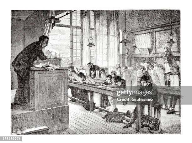 engraving of school teacher and pupils in classroom from 1875 - 18th century stock illustrations