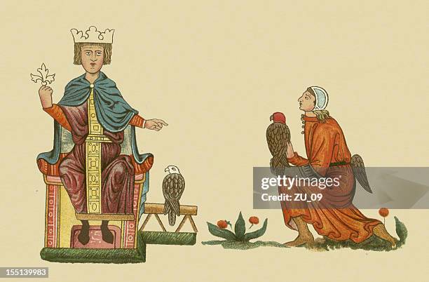 frederick ii (1194-1250) and his falconer, lithograph, published in 1880 - holy roman emperor stock illustrations