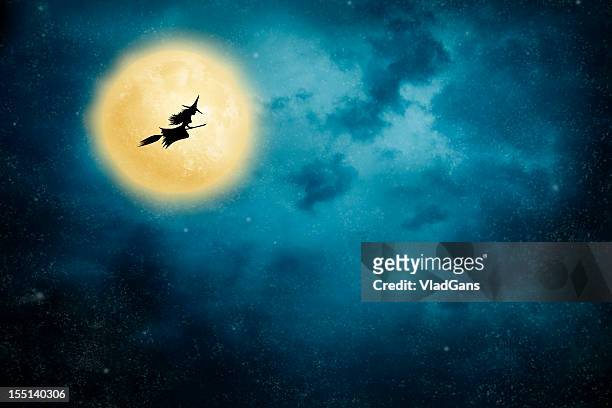 witch riding a broom - halloween moon stock pictures, royalty-free photos & images