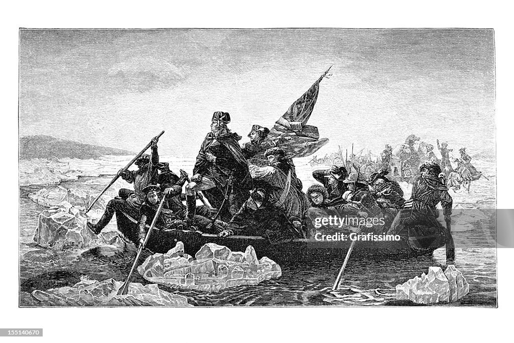 Engraving of US president George Washington crossing river Delaware 1882