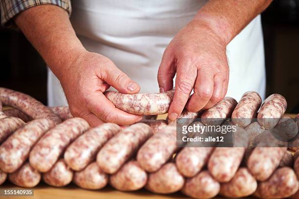 hand made sausages at the butcher shop - sausage stock pictures, royalty-free photos & images
