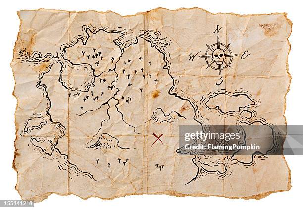 pirate map to buried treasure, isolated on white. horizontal. - treasure map stockfoto's en -beelden