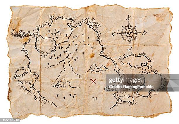 pirate map to buried treasure, isolated on white. horizontal. - schatkist stockfoto's en -beelden