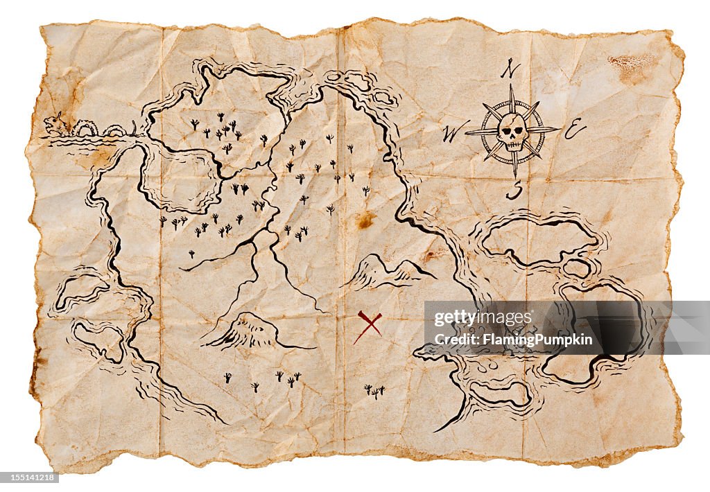 Pirate Map to Buried Treasure, Isolated on White. Horizontal.