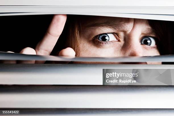 suspicious nervous young woman peeps through venetian blinds - nosy woman bildbanksfoton och bilder