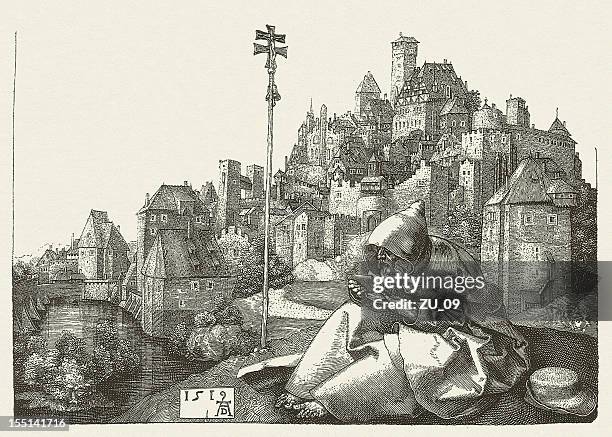 st anthony (with nuremberg, 1519), by albrecht dürer, published 1881 - albrecht durer stock illustrations