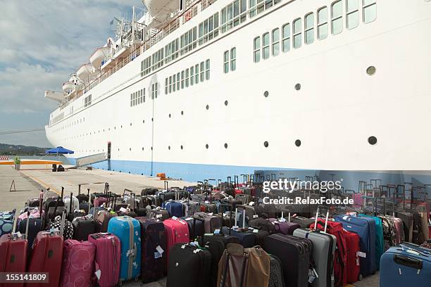 suitcases and cruise ship at pier (xxxl) - pier stock pictures, royalty-free photos & images
