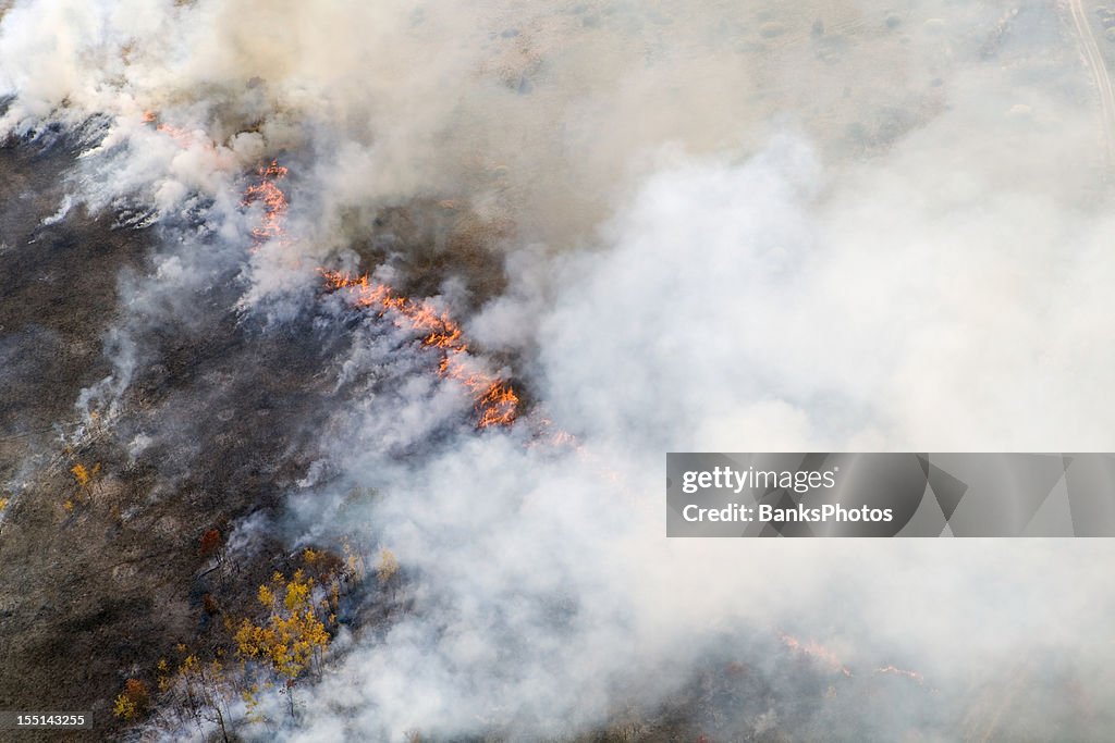 Wildfire Line with Flames and Smoke Aerial