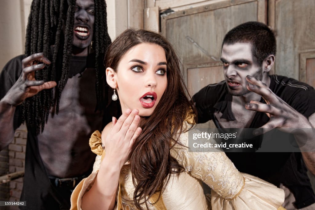 Zombies Sneak Up on Scared Glamour Girl