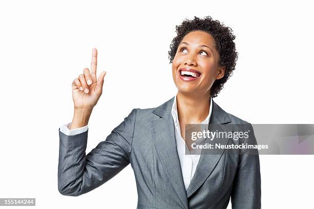 attractive businesswoman pointing up - isolated - index finger stock pictures, royalty-free photos & images