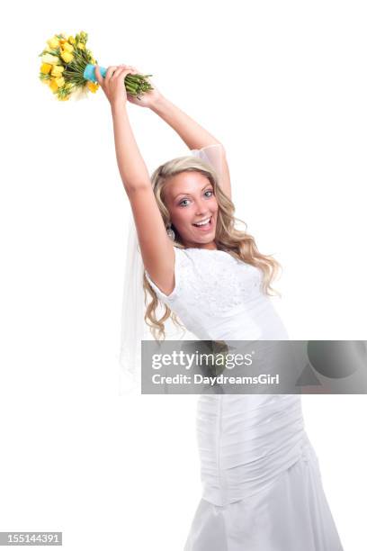 bride on white background throwing yellow rose bouquet - ring toss bildbanksfoton och bilder