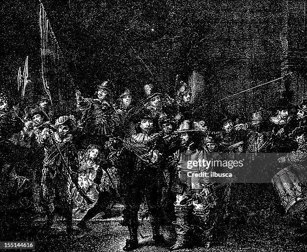 night watch by rembrandt - rembrandt night watch stock illustrations