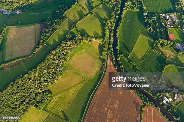 aerial view of farms fields summer landscape - aerial view stock pictures, royalty-free photos & images