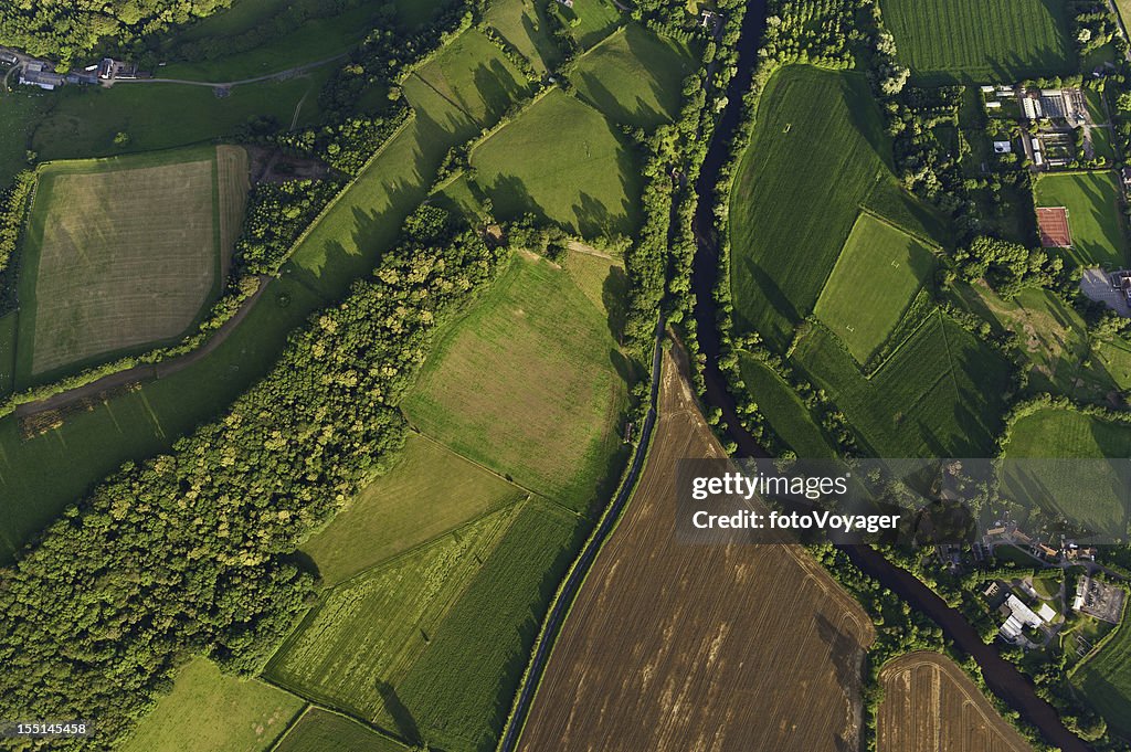 Aerial view of farms fields summer landscape