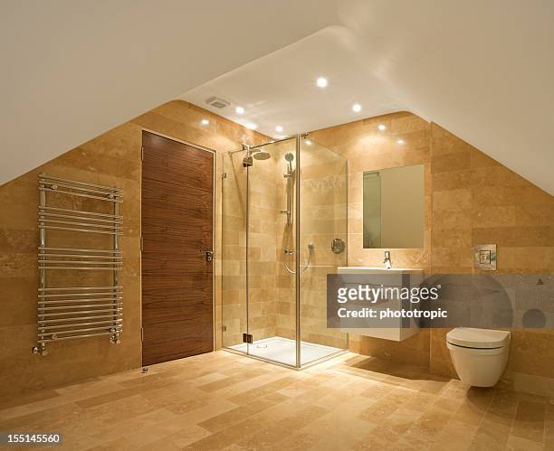 attic bathroom - toilet door stock pictures, royalty-free photos & images