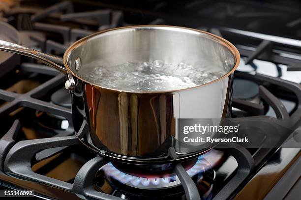 water boiling on a gas stove, stainless pot. - kokande bildbanksfoton och bilder