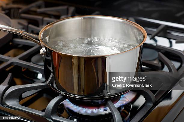 water boiling on a gas stove, stainless pot. - hob 個照片及圖片檔