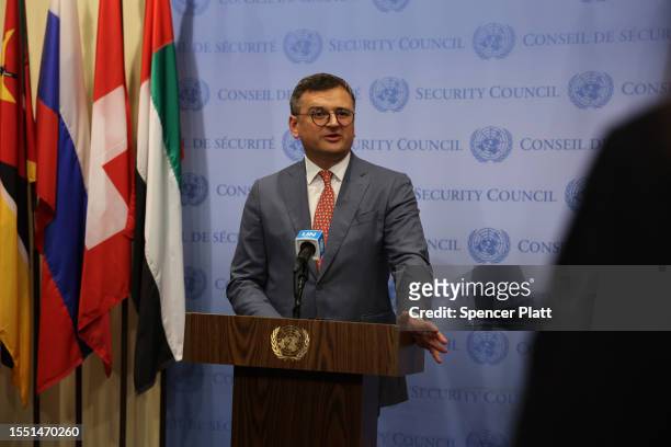 Ukrainian Foreign Minister Dmytro Kuleba speaks to the media before a United Nations Security Council meeting on Ukraine on July 17, 2023 in New York...