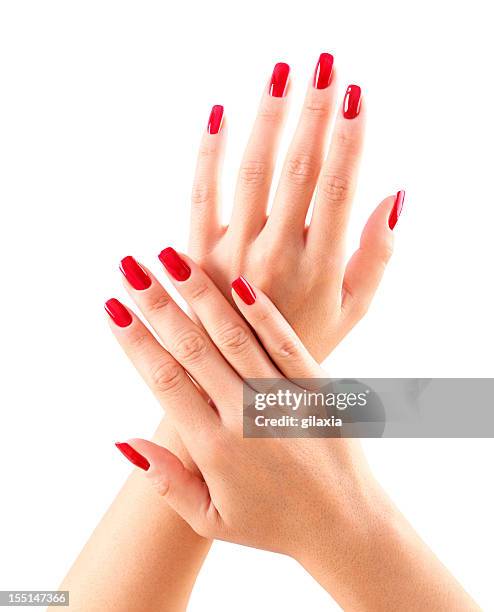 red fingernails. - red nail polish stockfoto's en -beelden