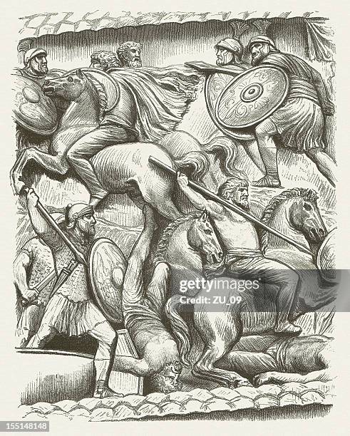 germanic cavalry (base-relief from colonna antonina), wood engraving, published 1880 - roman shield stock illustrations