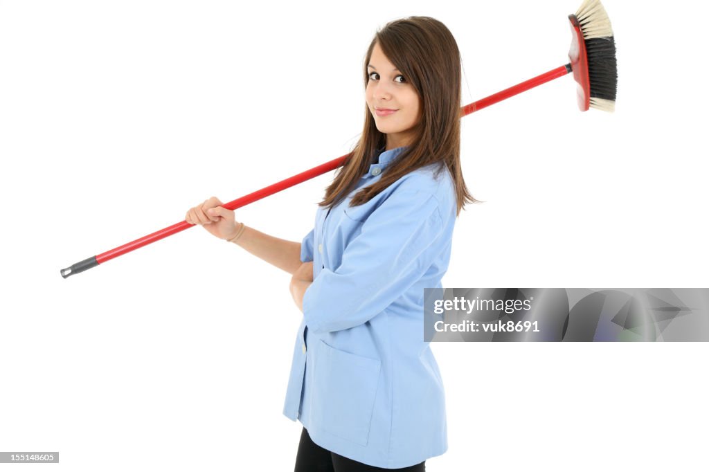 Nice cleaning lady with a broom