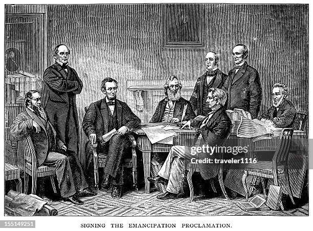 stockillustraties, clipart, cartoons en iconen met lincoln signs emancipation proclamation - civil war