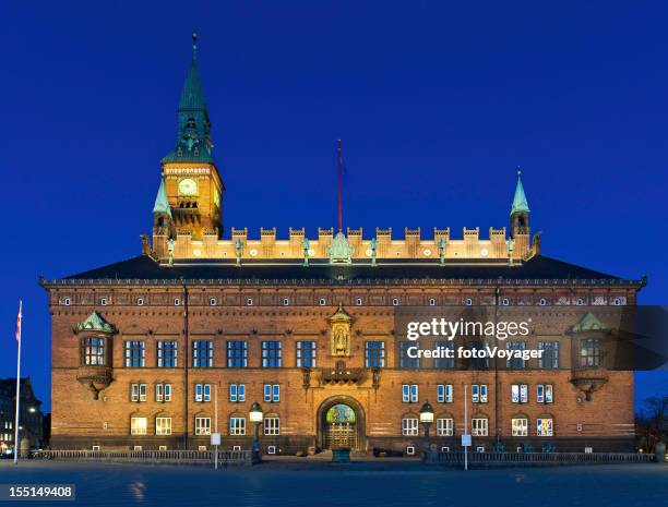 copenhagen city hall square illuminated denmark - copenhagen town hall stock pictures, royalty-free photos & images