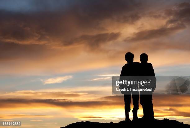 happy children watching sunset - sibling hugging stock pictures, royalty-free photos & images