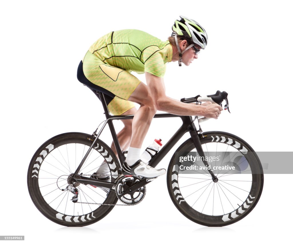 Male cyclist on road bike with white background
