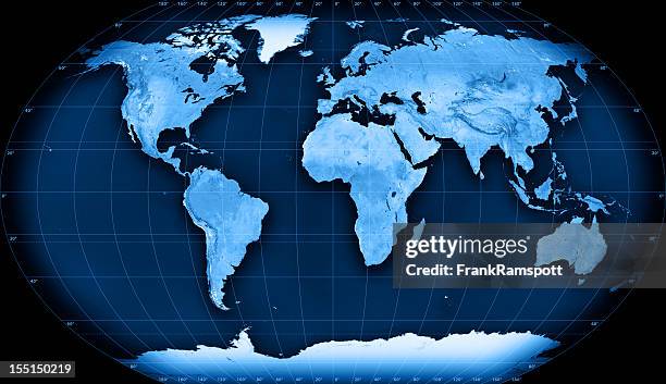 topographic weltkarte kavraisky vii-projektion - latitude longitude world map stock-fotos und bilder