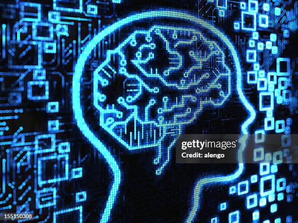 blue brain surrounded by blue motherboard items - brain memories stock pictures, royalty-free photos & images