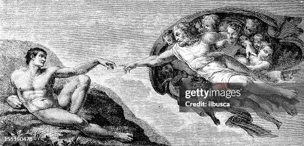 illustrations, cliparts, dessins animés et icônes de michelangelo est la création d'adam (illustration de texte - creation of adam