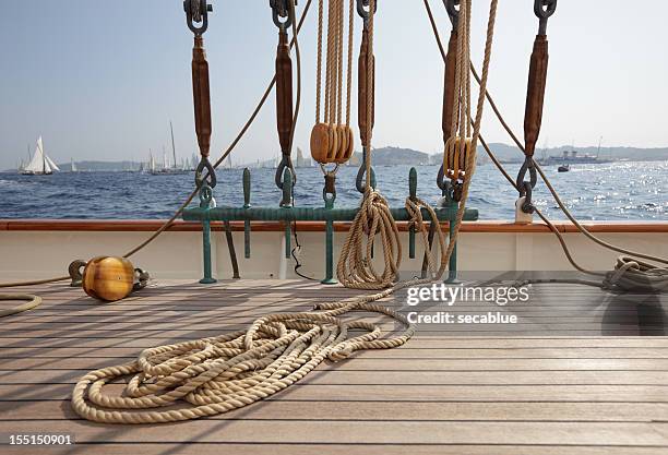 classic sailing yacht deck and view - old sailing ship deck stock pictures, royalty-free photos & images