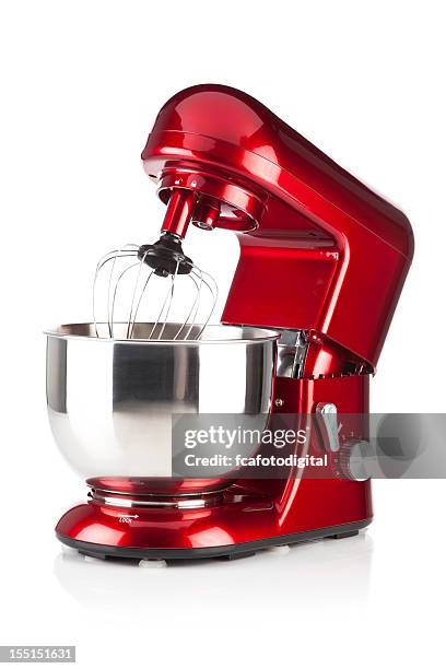 red kitchen stand mixer shot on white backdrop - mixer stockfoto's en -beelden